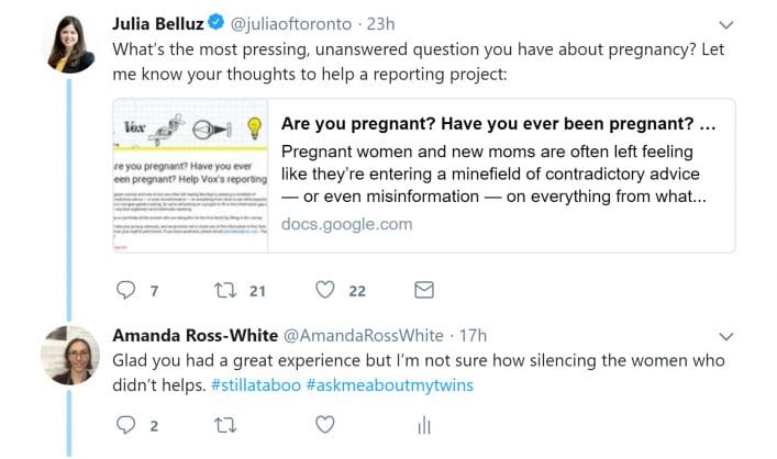 Screenshot of reporter's original Tweet and Amanda's response.